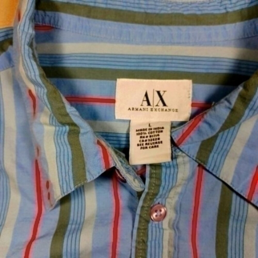 Armani Exchange mens blue gray orange vertical striped button shirt L EUC - Picture 3 of 3